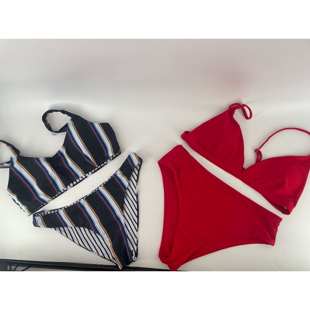 LOT - 2 pieces Swimsuits Bikinis Women's  Large Red Black & Swim Top Leopard